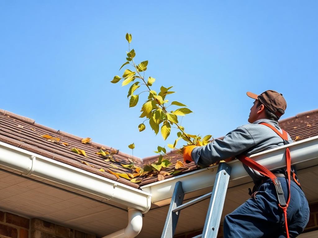 Worker cleaning a roof gutter