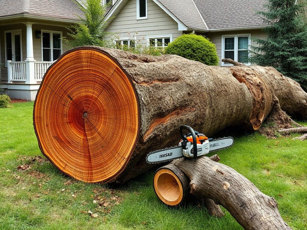 Large felled tree trunk beside a house